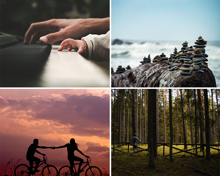 A collage of images that represent motivation research. Clockwise from top left: an adult and a toddler hand playing a piano; cairns stacked on a seashore; a man standing amongst tall trees; bicycle riders reaching out to each other as the sun sets behind them
