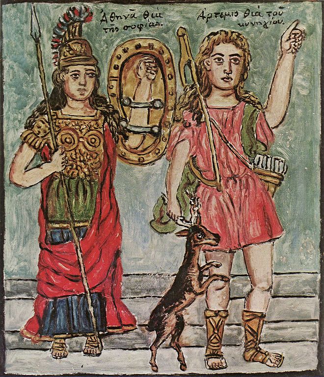 An oil painting of Athena and Artemis