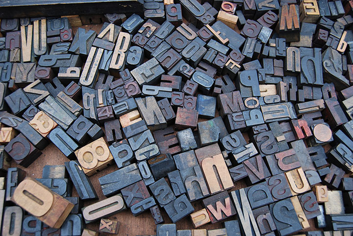 A mix of letterpress wood printing blocks