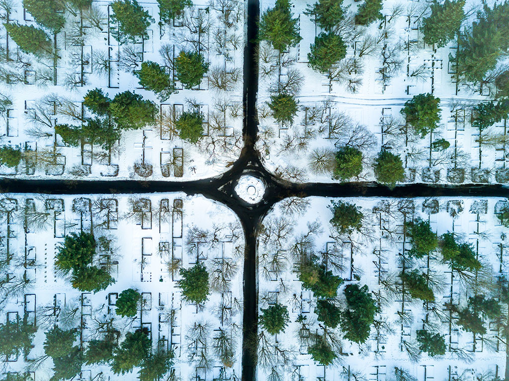The concept of Industry intersections illustrated by an intersection amongst the forests of Reykjavik, with snow on the ground