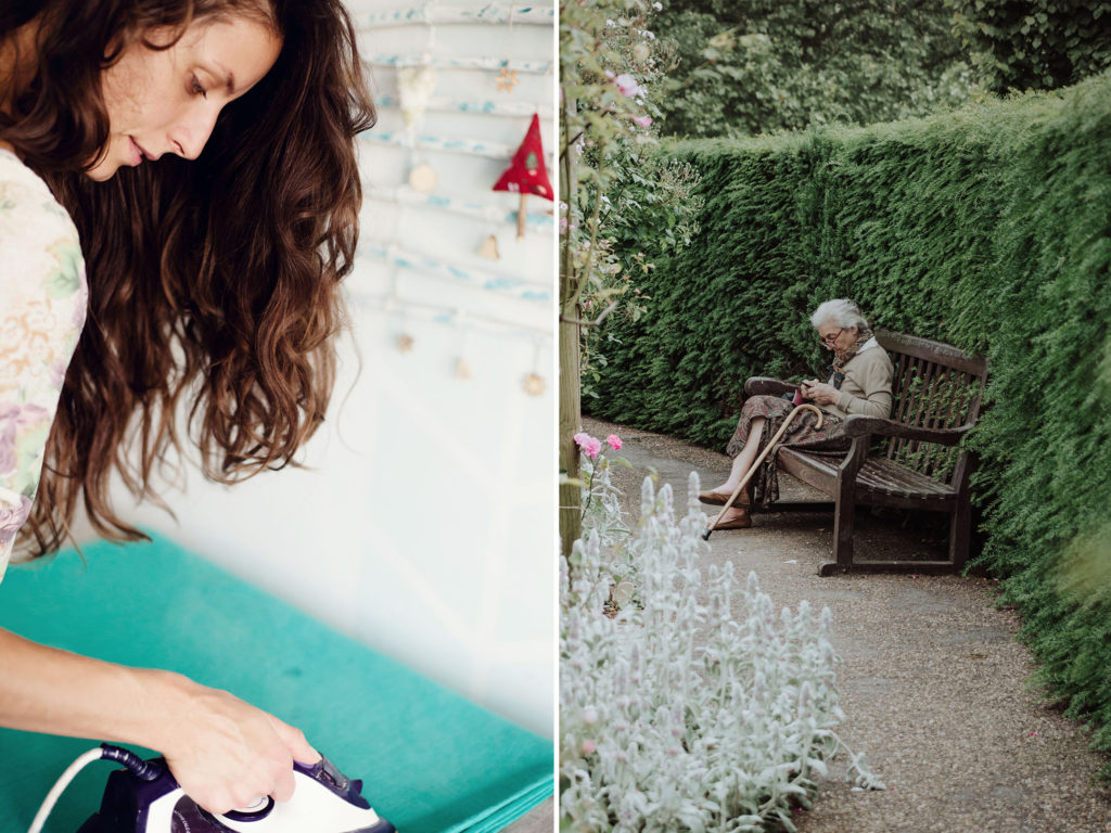 Women in finance: A young woman irons clothing at home; an elderly woman sits alone in a garden