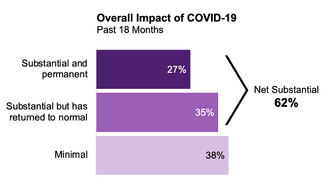 Overall Impact of COVID-19: Past 18 Months. Substantial and permanent: 27%. Substantial but has returned to normal: 35%. Net substantial: 62%. Minimal: 38%