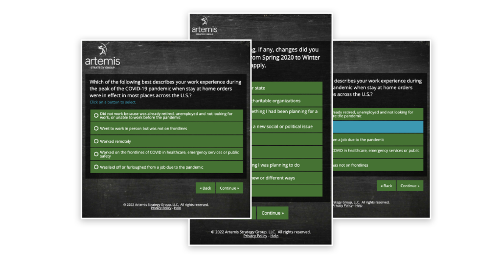Screenshots of the 'how the pandemic has changed us' quiz