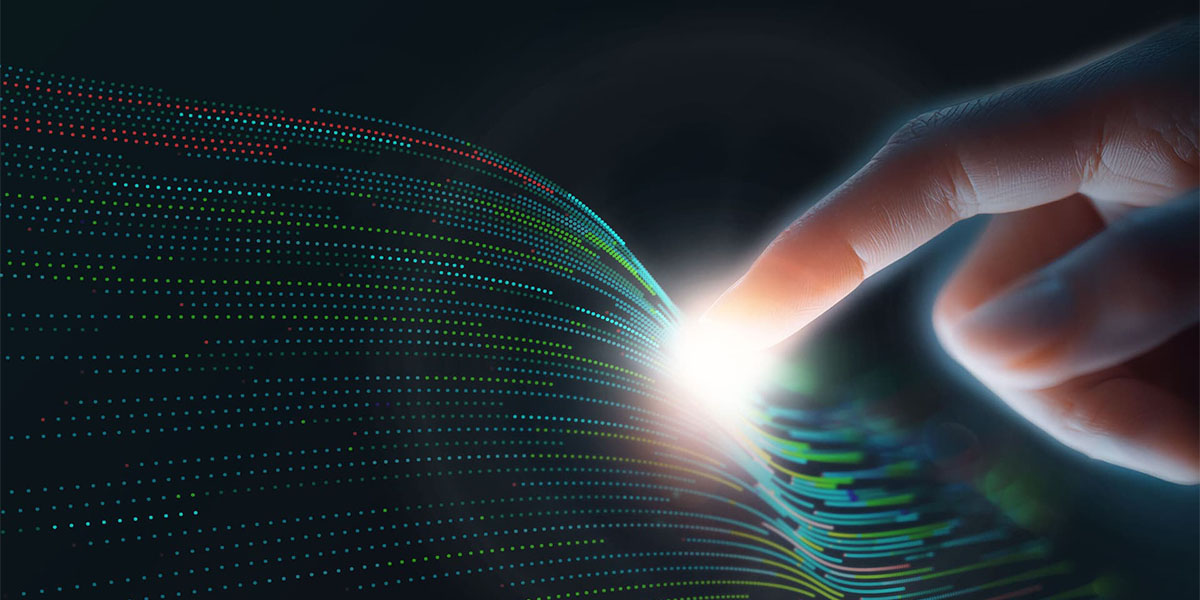 Entry-level hiring and AI, a human finger touching tech swirl, which lights up at the contact